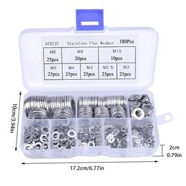 180 Pcs Washer Set Stainless Steel Flat Washer for Screws in 8 Size (M2 M2.5 M3 M4 M5 M6 M8 M10) Round Repair Washers Spacers for Home Repair(Silver)