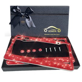 KIWEN Bling License Plate Frames with High End Ribbon Gift Box,2 Pack Rhinestone License Plate Frame,Handcrafted Crystal Premium Stainless Steel Bling License Plate Frame for Women,Party,Birthday,Xmas Gift