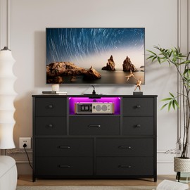 Dresser for Bedroom with 9 Drawers, Black Storage Organizer TV Stand for 55" TV with LED Lights and Sockets, Fabric Chest of Drawers with PU Finish for Kid Room, Entryway, Living Room, Hallway