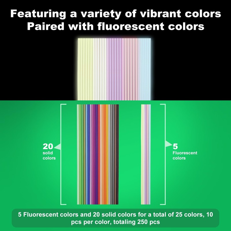 25 Colors 250PCS 3D Pen Filament Refill for 3doodler Start