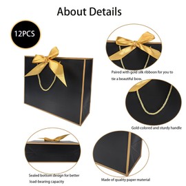 TKSBAG 12PCS Gift Bags Medium Size with Handles, 12.5 x 9.8 x 4.3 In Black Gold Thank You Bags with Bow Ribbon for Wedding, Birthday, bridesmaid, Groomsmen, Patrick's Day, Easter