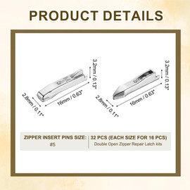 uxcell 16Set Double Open Zipper Repair Latch Kits, #5 Copper Insert Pins Zipper Stopper for Bags Coats Jackets Zippers Repairing Replacement, Silver