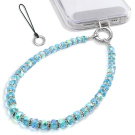 SURPHY Phone Charm, Sparkling Crystal Phone Charms with Tether Tab & Gold Buckle, Wrist Lanyard Beaded Bracelets for Women, Crystals Cell phone Chain Wrist Strap, Blue Crystals