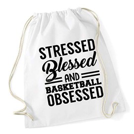 Hippowarehouse Stressed Blessed And Basketball Obsessed Drawstring Cotton School Gym Bag 37cm x 46cm, 12 litres