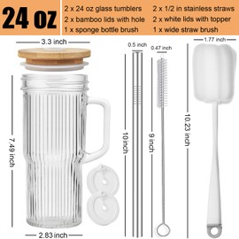 ALINK 24oz Ribbed Glass Cups with Bamboo Lids and Straws, 2-Pack Glass Tumbler with Handle, Reusable Iced Coffee Cups, Wide Mouth Mason Jar Boba Smoothie Cups, Drinking Glasses with 2 Brush