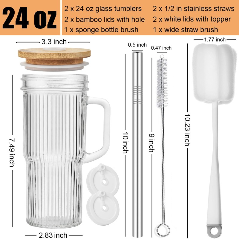 ALINK 24oz Ribbed Glass Cups with Bamboo Lids and Straws,