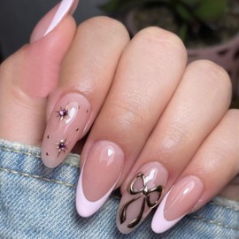 Cute Bow Press on Nails Medium Almond Press on Pink French Tip Fake Nails Gold Star False Nails with 3D Rhinestones Charms Designs Acrylic Nails Nude Full Cover Glue on Nails for Women Manicure 24Pcs