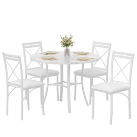 VECELO 5 Piece Dining Table Set for 4, Faux Marble Dinette with Chairs for Kitchen, Breakfast Nook, Small Space, Off White
