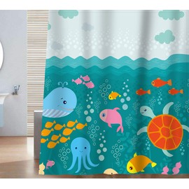 Sunlit Lovely Cartoon Sea Creatures Fabric Shower Curtain for Kids, Whale Turtle and Fish Bathroom Decor Curtain for Girls and Boys