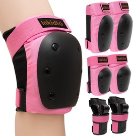 Inkidio Kids/Women/Men Protective Gear Set with Knee Pads, Elbow Pads, and Wrist Guards, Ideal for Roller Skate Inline Skating Skateboard Scooter Riding Cycling Bike(Medium, Pink)