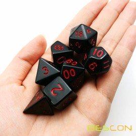 Bescon Polyhedral Dice Set Opaque Black with Red Numbers, Black RPG Dice Set of 7 d4 d6 d8 d10 d12 d20 d% Brick Box Pack
