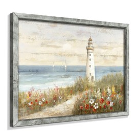 Lighthouse Framed Wooden Wall Art: Beach Artwork Abstract Ocean Painting Seascape Art Prints Coastal Pictures for Home Decor 16"x12"