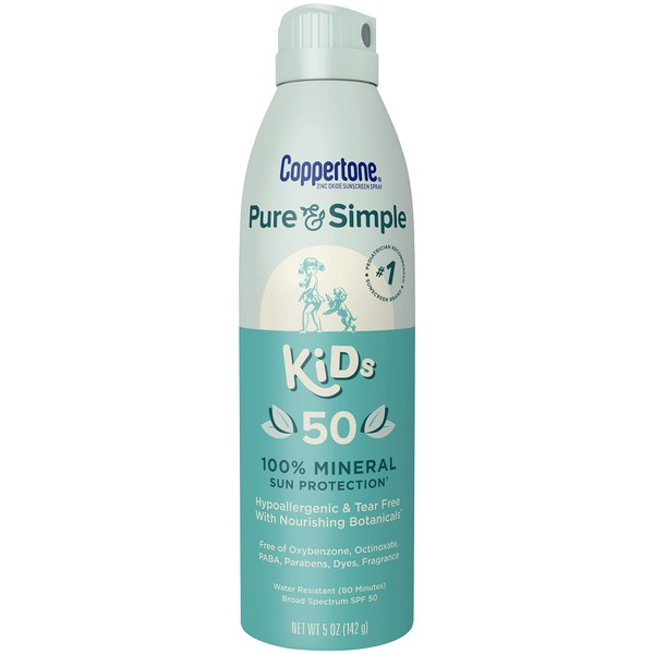 Coppertone Pure and Simple Kids Sunscreen Spray SPF 50, Zinc Oxide Mineral Sunscreen for Kids, Tear Free, Water Resistant, Broad Spectrum SPF 50 Sunscreen, 5 Oz Spray, blue