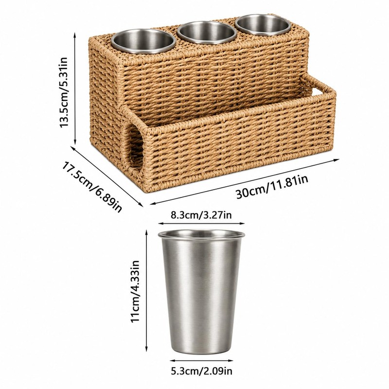 Hair Tool Organizer Countertop with 3 Stainless Steel Cups, Woven
