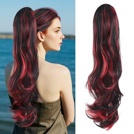 Ponytail Extension Drawstring Ponytail for Quick and Easy Hairstyling Black & Red 26in Natural Looking Synthetic Hair