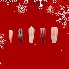 hhdatc Christmas False Nails Kit Red French Tip Snowflake Press on Nails Medium,Convenient and Easy to Apply