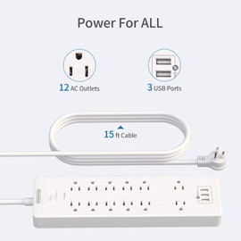 15 ft Extension Cord Flat Plug Power Strip, NTONPOWER 2100 Joules Surge Protector with 12 Outlet 3 USB Port, 1875W/15A, Overload Protection, Long Cord Wall Mountable for Home Office Accessories, White