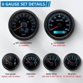 MH 6 Boat Gauge Set - 3-3/8" GPS Speedometer, Tachometer, 2-1/16" Oil Pressure Gauge, Fuel Level, Water Temperature, Voltmeter AUTO Marine Meter Kit with Sensor Alarm 7 Color (Black)