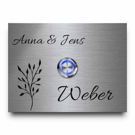 Stainless Steel Bell with Name and Engraving and Motif - Doorbell Model Weber from 10 x 7 cm | Modern Premium LED Bell Push Button | Engraved Bell Plate Also with Beautiful Acrylic Plate