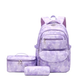 School Backpack Girls, 3pcs with Lunch Bag Pencil Case, Breathable Lightweight School Bag, Teenage Girls for 5 - 9 Grade, 22 Litre Backpack School with USB Charging Port for Travelling, Purple star, Mädchen