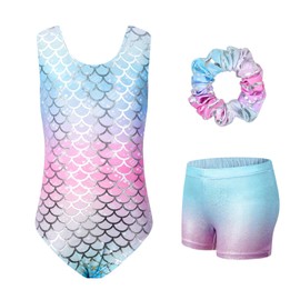 JiAmy Gymnastics Leotards for Girls, Sleeveless Sparkly Dance Biketards with Shorts Ballet Tumbling Outfit Colorful Mermaid 5-6 years