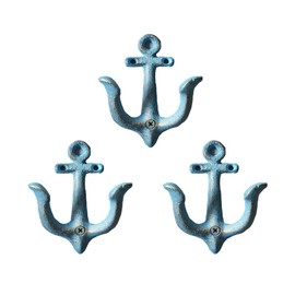 TentHome Set of 3 Maritime Decorative Wardrobe Antique Cast Iron Wall Hooks Coat Hooks Anchor Double Hooks Wall Coat Rack Vintage Garden Hooks, Antique Blue