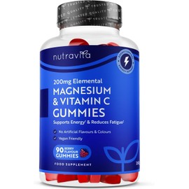 Magnesium & Vitamin C Gummy Bears for Adults - High Dose Magnesium - 90 Berry Flavoured Vegan Gummy Bears - Nutravita