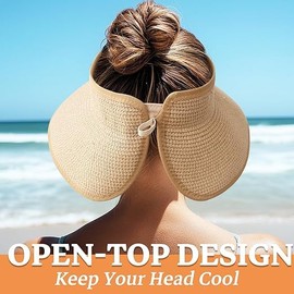 Palhyte 2Pcs Summer Straw Hat Foldable Visor Hats,Sun Visors for Women Wide Brim Straw Ponytail Beach Hat