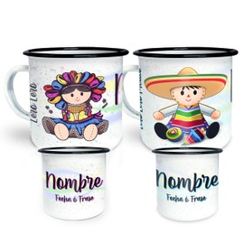 Lero Lero México - Par Pocillos/Tazas Peltre Personalizada - Muñeca Lele - Dúo Tazas Personalizadas con Nombre - Taza Sublimada - Taza con Inicial - 10 oz 300 ml - Perfecta para Regalo.