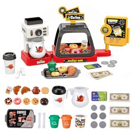 Nasjac 42Pcs Juguete de Caja Registradora de Cafetera Puede, 3-en-1 Juego De Simulación Cajero con Sonido y luz simulada, con Mesa de Postres, Juguete