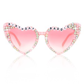 CIEHER Birthday Baddie Glasses for Women Rhinestones Heart Shape Sunglasses - Pink
