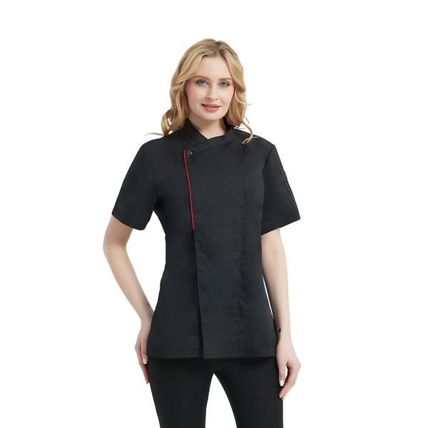 TOPTIE Women's Chef Coat With Contrast Piping Short Sleeve Chef Jacket