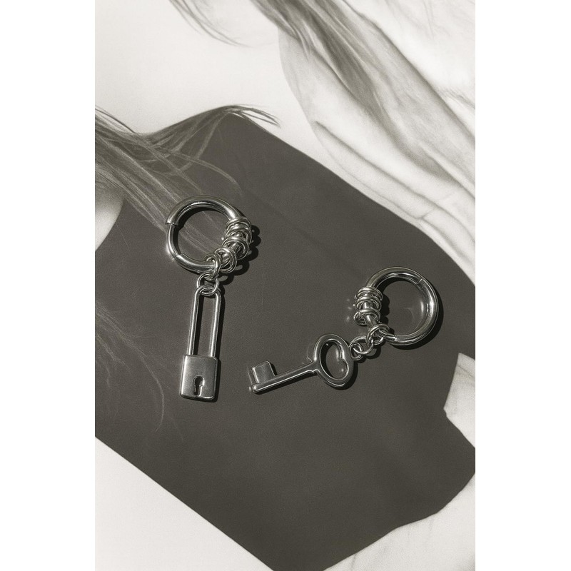 Lock and Key Hoop Earrings – Asymmetrical Punk Dangle Earrings,