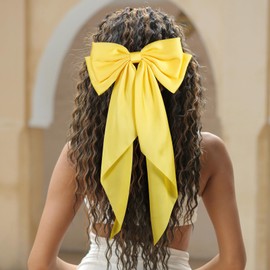 Large Hair Bow, Silky Satin Bowknot Hair Clip, Oversized Long Tail Hair Ribbon Barrette for Women Girls Ponytail Hair Accessories, Yellow