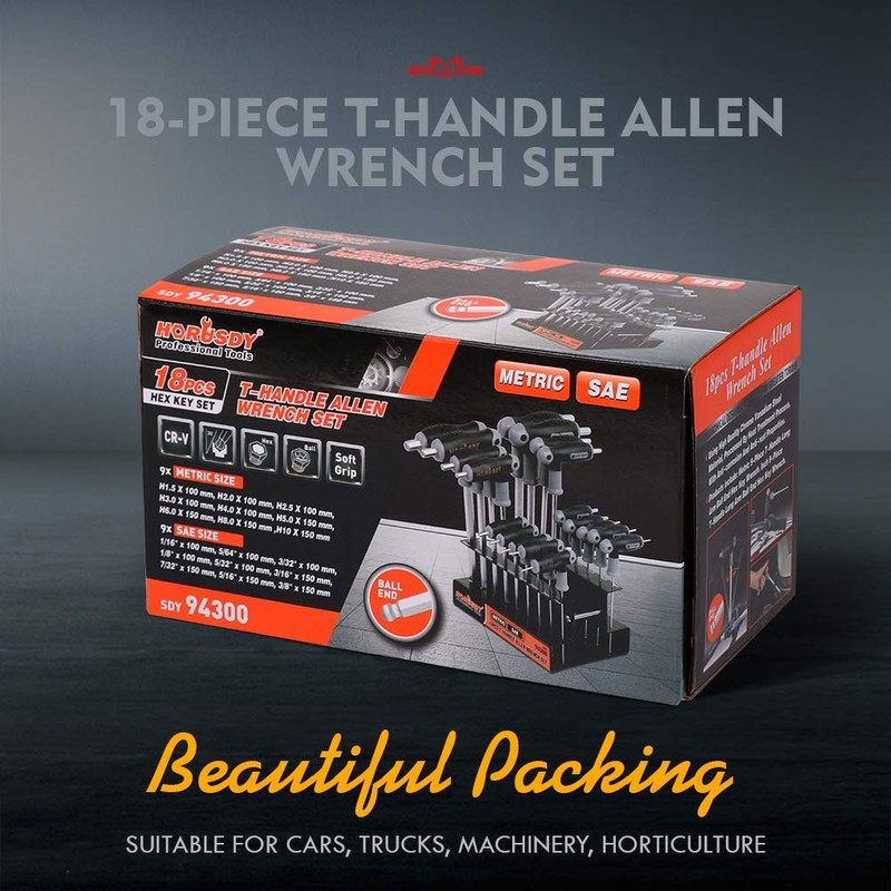 HORUSDY 18-Piece T-Handle allen wrench set, Inch/Metric Long Arm Ball