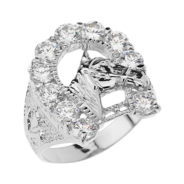 .925 Sterling Silver White Cubic Zirconia Horseshoe with Horse Head