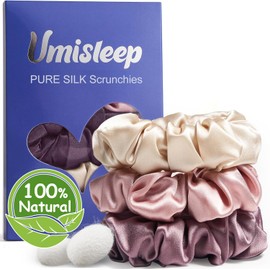 Umisleep 100% Mulberry Silk Scrunchies-No Creases Satin for Women,Hair Care | Chic and Elegant Hair Ties, Softer Hair Bobbles, Ponytail Holder for Thick Thin Curly Hair, Pink,Champagne,Plum Purple