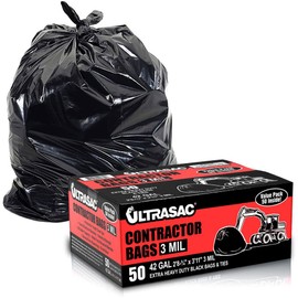 Ultrasac Heavy Duty Contractor Bags (VALUE 50 PACK/w TIES), 42 Gallon, 32.75" X 47" - 3 MIL Thick Large Black Industrial Garbage Trashbags for Construction and Commercial use