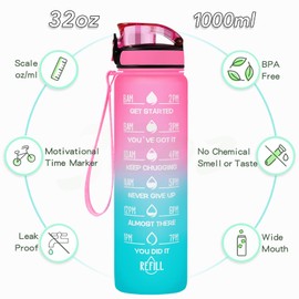 Enerbone 32 oz Water Bottle, Leakproof BPA & Toxic Free, Motivational Water Bottle with Times to Drink and Straw, Fitness Sports Water Bottle with Strap for Office, Gym, Outdoor Sports, Pink-Green