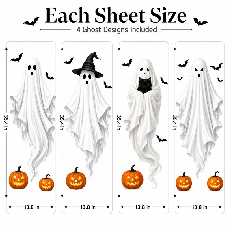 Extra Large Halloween Window Clings, Ghost Witch Hat Pumpkin Decals