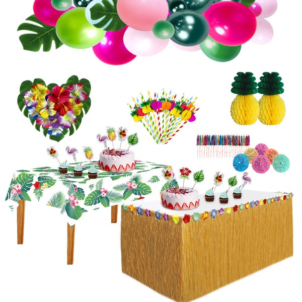 HBell 129pcs Hawaiian Tropical Party Decoration Set with Luau Table