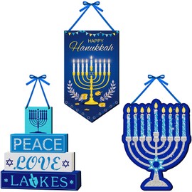 3 Pieces Hanukkah Wooden Door Sign Decorations Blue Chanukkah Rustic Menorah Wall Decor for Home Happy Hanukkah Party Decoration