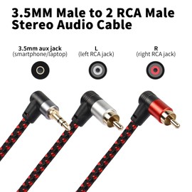 RIIEYOCA 90 Degree Right Angle 3.5mm to 2 RCA Cable 6FT,2RCA Male to 3.5mm TRS Male Stereo Y Splitter Adapter for Smartphone, Speaker, MP3, Tablet & More