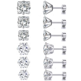 Screw Back Titanium Surgical Stainless Steel Square Princess Cut CZ Earrings Flat Back Packs Platinum Plated Hypoallergenic for Women Men Sensitive Ears Cubic Zirconia Simulated Diamond 20G Stud