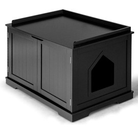 PETSITE Litter Box Enclosure, Wooden Cat Washroom Bench Cabinet with Door and Removable Divider, Cat Litter Box Furniture Hidden