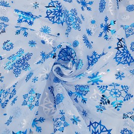 BENECREAT 2 Yard Blue Stamping Large Snowflake Tulle Lace Fabric, White Sheer Organza Fabric for Garment Accessorie, Veils Dress, Curtain Home Winter Decorations, 55Inch Wide