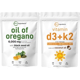 Micro Ingredients Oil of Oregano Softgels 6,000mg Per Serving & Vitamin D3 5000 IU Plus K2 (MK-7) 100 mcg, 300 Virgin Coconut Oil Softgels Bundle Pack | 4X Strength Carvacrol & Thymoquinon | Essential