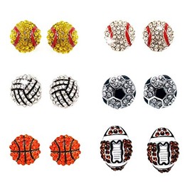 6 Pair Upgrade Unique Rhinestone Stud Earrings Cute Basketball Volleyball Baseball Football Rugby Shiny Crystal Sport Earrings for Women Gift-6pairs