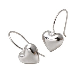925 Sterling Silver Cute Puffed Heart Hook Dangle Earrings, White Gold Plated
