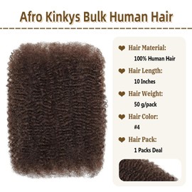 Springy Afro Kinkys Bulk Human Hair for Dreadlock Extensions 10 Inch 50 Gram Mini Twist Braiding Hair for Springy Twist Human Hair Bulk for Repair Locs (4#, 10 Inch (Pack of 1))